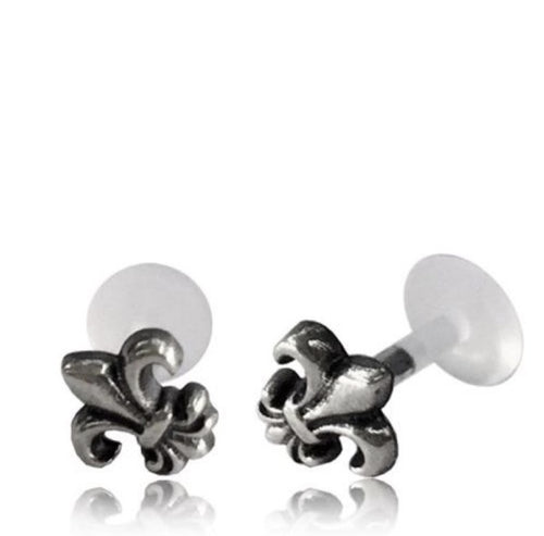 Single Real Sterling Silver And Bio PlastiK Labret, Antiqued Fleur De Lis Flower