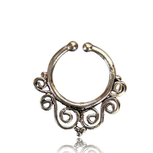 Single Ornate Fake White Brass Septum Ring, Tribal Fake Septum Ring, Non Piercing Jewelry, Fake Brass Septum, Body jewelry.