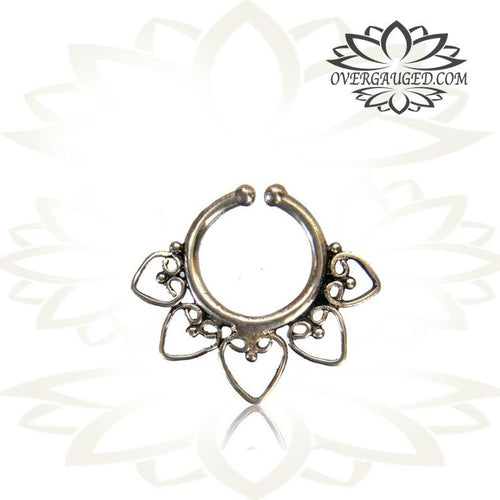 Single Ornate Fake Septum, Antiqued Afghan White Brass Nose Piercing Size, 3/8&quot; ring diameter 9mm 18mm length.