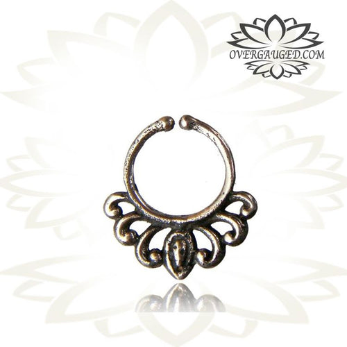 Single Ornate Tribal White Brass Fake Septum, Non Piercing Jewelry, Fake Brass Septum Ring, Faux Tribal Jewelry.