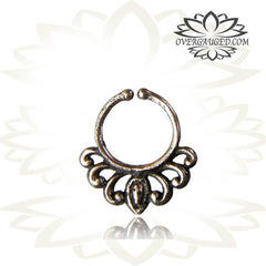 Single Ornate Tribal White Brass Fake Septum, Non Piercing Jewelry, Fake Brass Septum Ring, Faux Tribal Jewelry.