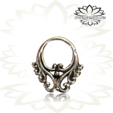 Single 16g Silver Lotus Septum Ring - Antiqued Tribal Silver Septum Ring Nose 9mm Silver Hoop Piercing.