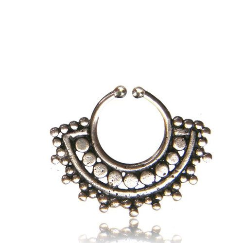 Single Ornate 16g Antiqued Thai Hill Tribal White Brass Fake Septum, White Brass Septum Ring Non Piercing, Tribal Body Jewelry.