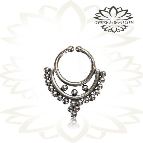 Single Ornate White Brass Fake Septum Ring, Antiqued Afghan Tribal Septum Ring, Non Piercing Septum Jewelry, Ring diameter 8.5mm.