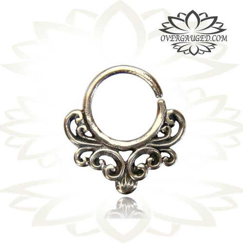 Single Ornate White Brass Septum Ring in 16g (1.2mm) Antiqued Afghan Tribal White Brass Septum, Nose Piercing, Ring Diameter 9mm, Body Jewelry.