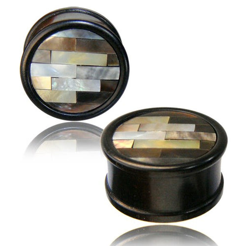 Pair of Ebony Wood Plugs inlay Shell Mosaic, Double Flare Ear Plugs, Organic Wood Plugs, Organic Body Jewelry.