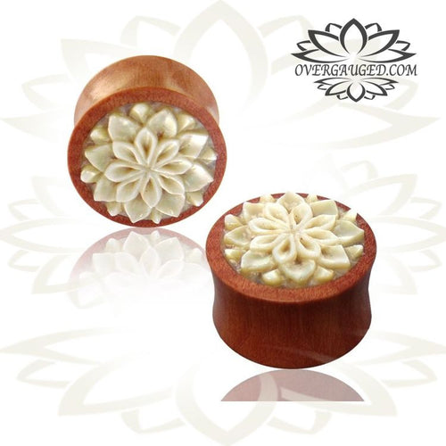 Pair of Organic Wood Plugs, Sawo Wood Plugs, Carved MOP Shell Flower Ear Gauges, Double Flared Plugs, Organic Body Jewelry.