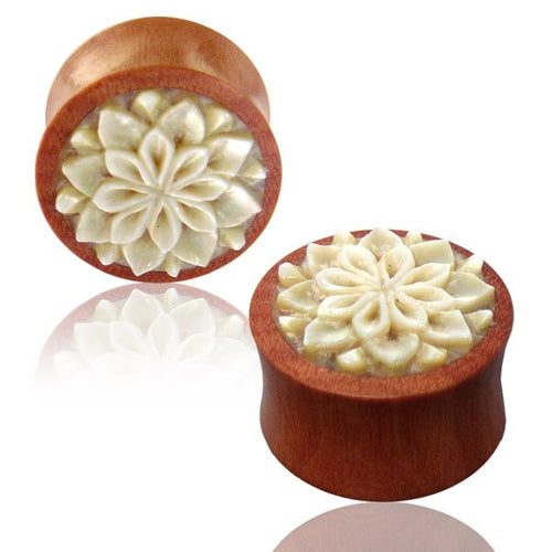 Pair of Organic Wood Plugs, Sawo Wood Plugs, Carved MOP Shell Flower Ear Gauges, Double Flared Plugs, Organic Body Jewelry.