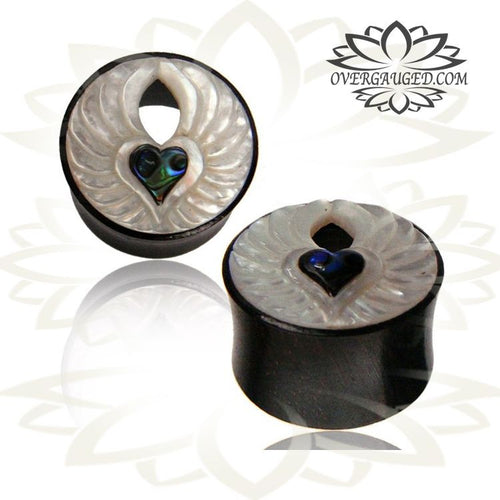 Pair of Organic Wood Plugs, Iron Wood Plugs with Heart Carved MOP & Shell Inlay, Wood Tunnels, Organic Wood Tunnels, Wood Body Jewelry.