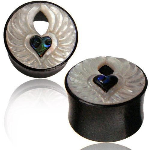 Pair of Organic Wood Plugs, Iron Wood Plugs with Heart Carved MOP & Shell Inlay, Wood Tunnels, Organic Wood Tunnels, Wood Body Jewelry.
