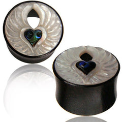 Pair of Organic Wood Plugs, Iron Wood Plugs with Heart Carved MOP & Shell Inlay, Wood Tunnels, Organic Wood Tunnels, Wood Body Jewelry.
