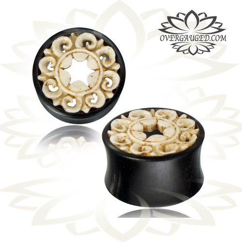 Pair of Organic Iron Wood Plugs, Carved Wood Plugs with Bone Inlay, Wood Tunnels, Organic Ear Plugs, Body Jewelry.