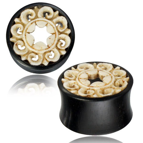 Pair of Organic Iron Wood Plugs, Carved Wood Plugs with Bone Inlay, Wood Tunnels, Organic Ear Plugs, Body Jewelry.