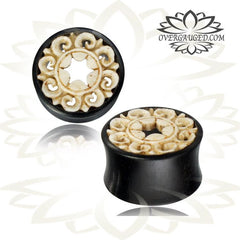 Pair of Organic Iron Wood Plugs, Carved Wood Plugs with Bone Inlay, Wood Tunnels, Organic Ear Plugs, Body Jewelry.
