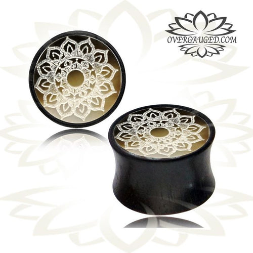 Pair of Organic Ebony Wood Ear Plugs, Carved Shell Mandala Wood Gauges, Double Flared Wood Plugs, Organic Wood Jewelry, Wood Body Jewelry .