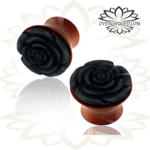 Pair of Organic Tribal Plugs, Ebony Wood Plugs with Sawo Wood Flower carving, Double Flared Ear Plug, Organic Wood Plugs, Wood Gauges.