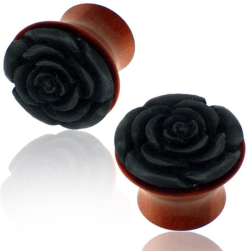 Pair of Organic Tribal Plugs, Ebony Wood Plugs with Sawo Wood Flower carving, Double Flared Ear Plug, Organic Wood Plugs, Wood Gauges.