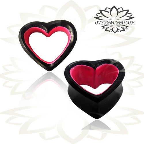 Pair of Organic Plugs, Ebony Wood Plugs, Double Flare Ear Plugs, Gothic Jewelry, Punk Gauges, Pink Heart Plugs, Organic Wood Plugs.