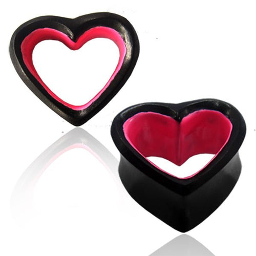 Pair of Organic Plugs, Ebony Wood Plugs, Double Flare Ear Plugs, Gothic Jewelry, Punk Gauges, Pink Heart Plugs, Organic Wood Plugs.