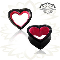 Pair of Organic Plugs, Ebony Wood Plugs, Double Flare Ear Plugs, Gothic Jewelry, Punk Gauges, Pink Heart Plugs, Organic Wood Plugs.