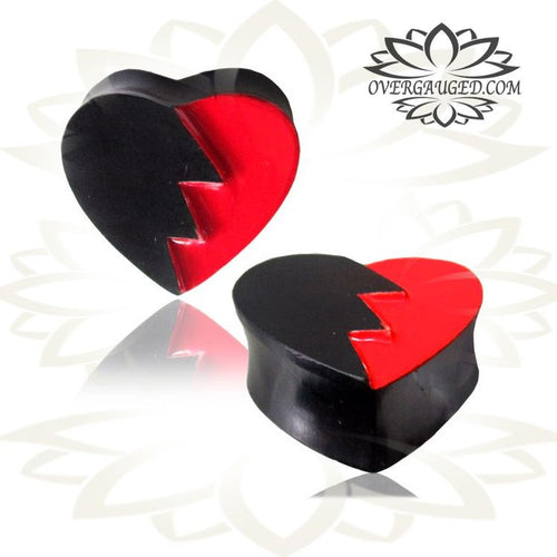 Pair of Organic Ebony Wood Plugs, Double Flare Ear Plug, Gothic Punk Cut Heart.