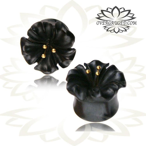 Pair of Organic Iron Wood Plugs, Flower with Brass Accents, Double Flared Plugs, Wood Ear Plugs, Organic Wood Gauges, Organic Body Jewelry.