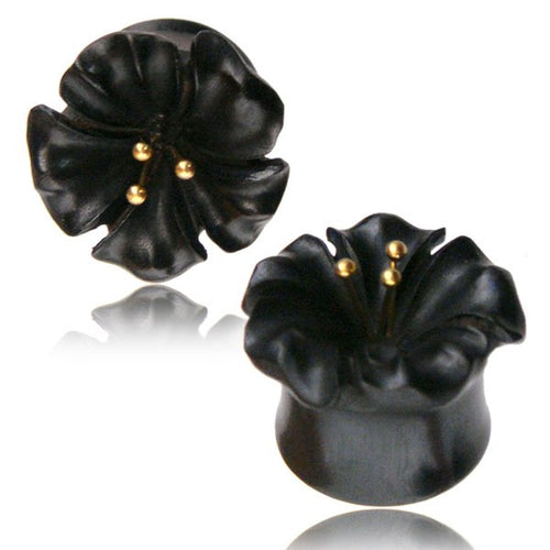 Pair of Organic Iron Wood Plugs, Flower with Brass Accents, Double Flared Plugs, Wood Ear Plugs, Organic Wood Gauges, Organic Body Jewelry.