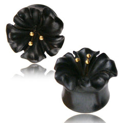 Pair of Organic Iron Wood Plugs, Flower with Brass Accents, Double Flared Plugs, Wood Ear Plugs, Organic Wood Gauges, Organic Body Jewelry.