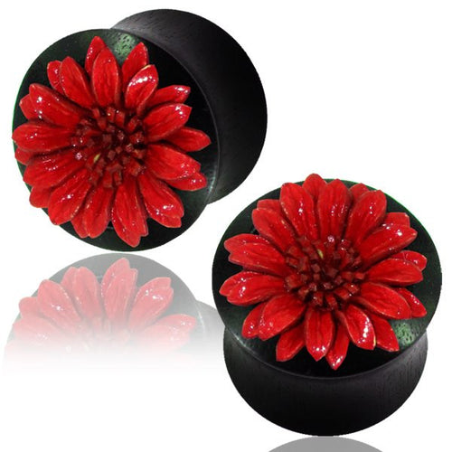 Pair of Organic Wood Plugs, Ebony Wood Plugs with Red Leather Flower, Double Flared Gauges, Organic Ear Plugs, Tribal Body Jewelry.