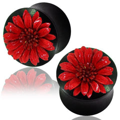 Pair of Organic Wood Plugs, Ebony Wood Plugs with Red Leather Flower, Double Flared Gauges, Organic Ear Plugs, Tribal Body Jewelry.