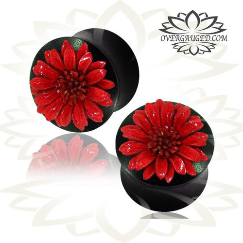 Pair of Organic Wood Plugs, Ebony Wood Plugs with Red Leather Flower, Double Flared Gauges, Organic Ear Plugs, Tribal Body Jewelry.