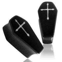 Pair of Gothic Plugs, Organic Wood Plugs, Ebony Wood Plugs, Double Flare Coffin inlay Cross Plugs, Wood Ear Plugs, Coffin Plugs, Organic Body Jewelry.