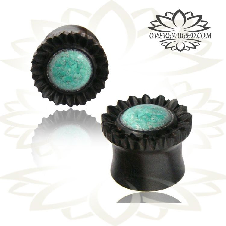 Pair of Organic Ebony Wood Plugs Flower with Turquoise Inlay Wood