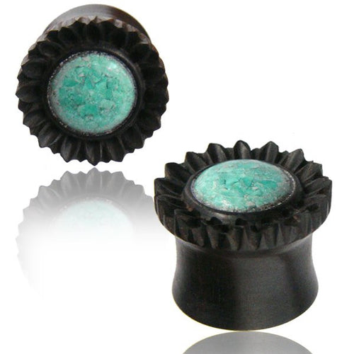 Pair of Organic Ebony Wood Plugs, Flower with Turquoise Inlay Wood Gauges, Double Flared Wood Plugs, Wood Ear Plugs, Organic Wood Jewelry, Body Jewelry.