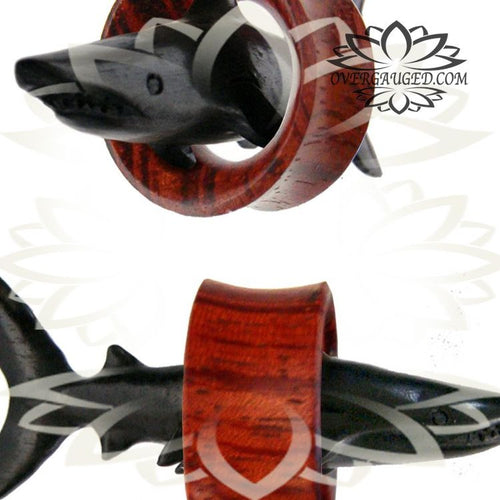 Pair of Organic Blood Wood Tunnels, Double Flare Wood Plugs, Organic Plugs, Shark Tunnels.
