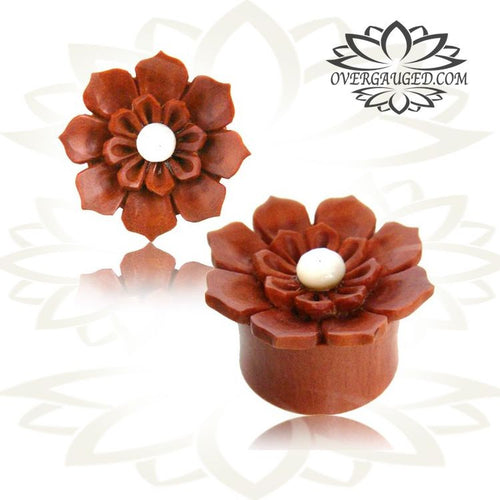 Pair of Organic Sawo Wood Plugs, Hand Carved Flower Plug with Shell Inlay, Double Flared Plugs, Wood Plugs, .