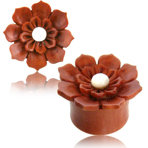 Pair of Organic Sawo Wood Plugs, Hand Carved Flower Plug with Shell Inlay, Double Flared Plugs, Wood Plugs, .