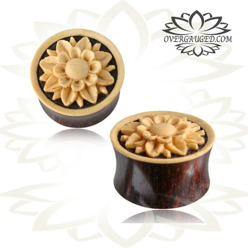 Pair of Hand Carved Tamarind Wood Plugs, Carved Coco Shell Flower Plugs, Organic Wood Plugs, Organic Gauges.