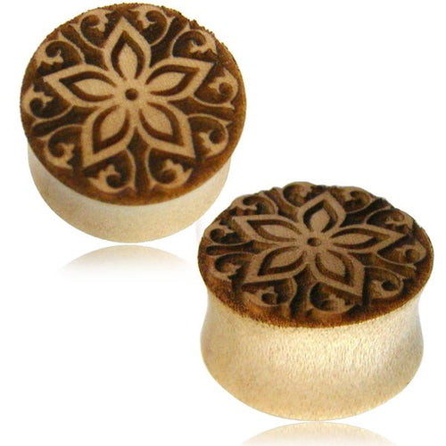 Pair of Organic Wood Gauges, Wood Plugs, Double Flare Wood Plugs, Blonde Crocodile Wood Engraved Mandala Flower Engraving, Organic Body Jewelry.