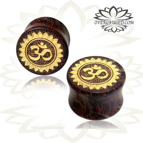 Pair of Organic Plugs, Tamarind Wood Plugs, Double Flare Plugs with Engraved Om Symbol and Hand Painted Gold, Tribal Body Jewelry.