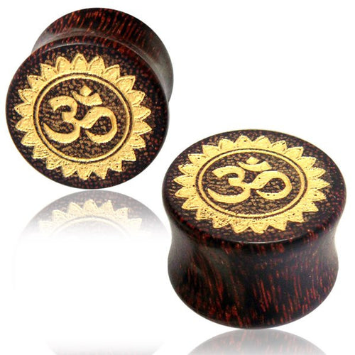 Pair of Organic Plugs, Tamarind Wood Plugs, Double Flare Plugs with Engraved Om Symbol and Hand Painted Gold, Tribal Body Jewelry.