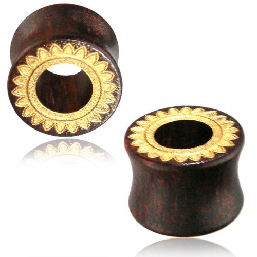 Pair of Organic Tamarind Wood Plugs, Wood Tunnels, Tribal Wood Tunnels, Laser Engraved Sun Hand Painted Gold, Organic Body Jewelry.