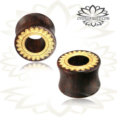 Pair of Organic Tamarind Wood Plugs, Wood Tunnels, Tribal Wood Tunnels, Laser Engraved Sun Hand Painted Gold, Organic Body Jewelry.