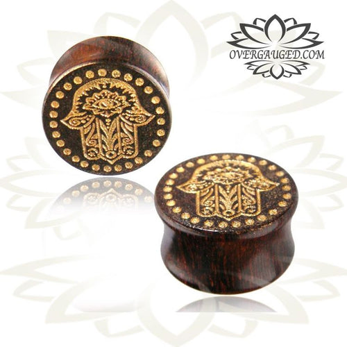 Pair of Organic Wood Plugs, Tamarind Wood Plugs, Double Flare Gauges with Engraved Hamsa Hand , Fatima Hand, Hand Painted Gold Accents , Tribal Ear Plugs, Organic Body Jewelry.
