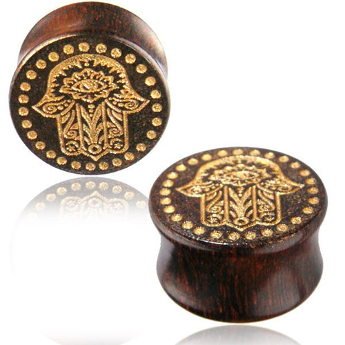 Pair of Organic Wood Plugs, Tamarind Wood Plugs, Double Flare Gauges with Engraved Hamsa Hand , Fatima Hand, Hand Painted Gold Accents , Tribal Ear Plugs, Organic Body Jewelry.