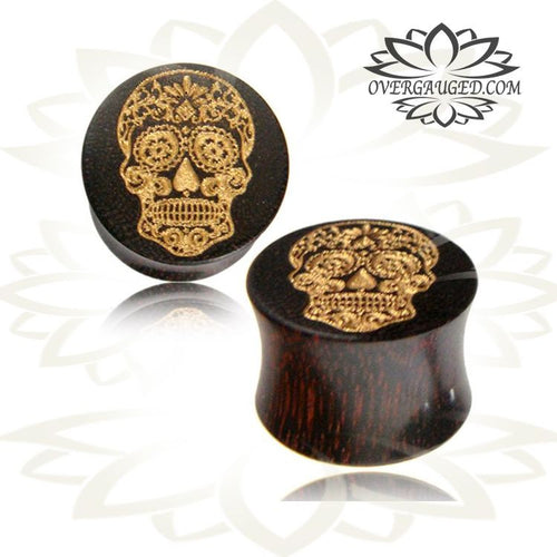 Pair of Organic Tamarind Wood Plugs, Double Flare Plugs, Engraved Day of Dead Ear Plugs, Wood Plugs, Organic Wood Gauges.