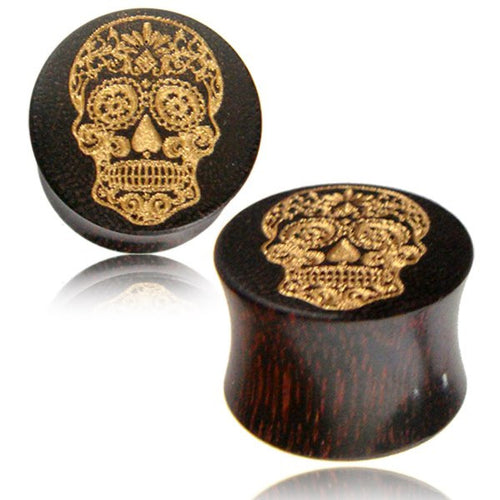 Pair of Organic Tamarind Wood Plugs, Double Flare Plugs, Engraved Day of Dead Ear Plugs, Wood Plugs, Organic Wood Gauges.