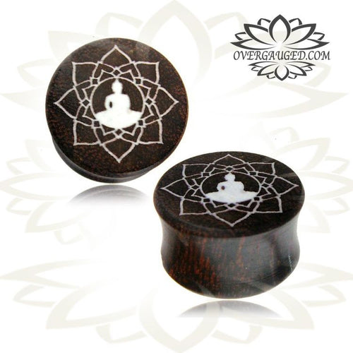 Pair of Organic Tamarind Wood Plugs, Double Flare Plugs, Laser Engraved Sitting Buddha with inlay, Tribal Ear Plugs, Organic Body Jewelry.