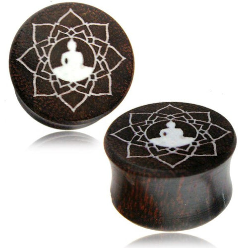Pair of Organic Tamarind Wood Plugs, Double Flare Plugs, Laser Engraved Sitting Buddha with inlay, Tribal Ear Plugs, Organic Body Jewelry.