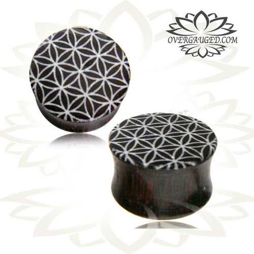 Pair of Organic Tamarind Wood Plugs, Double Flare Wood Tunnels, Flower of Life Laser Engraved with Inlay, Tribal Ear Plugs, Organic Body Jewelry.